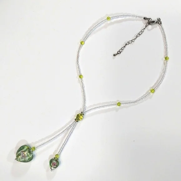 Rare! Vintage Glass Bead Heart Pendant Choker Necklace - Picture 3 of 8